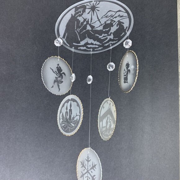 Vintage Glass Wind Chimes Etched Glass Nativity Scene Angels Snowflake Christmas